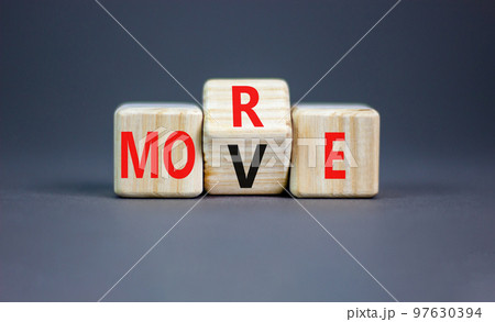 More move symbol. Concept word More move on wooden cubes. Beautiful grey table grey background. Business and more move concept. Copy space. More move symbol. Concept word More move on wooden cubes. Beautiful grey table grey background. Business and more move concept. Copy space. 97630394
