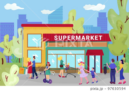 Supermarket store, vector illustration. Flat street with people character near city shop, retail sale at cartoon mall for customer. 97630594