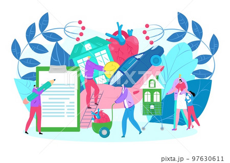Life and property protection insurance care, people with house vector illustration. Safety concept for flat family home, business security policy. Life and property protection insurance care, people with house vector illustration. Safety concept for flat family home, business security policy. 97630611