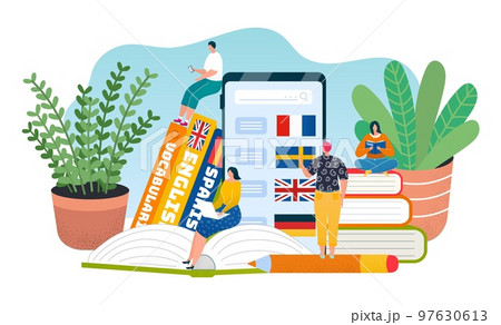 Education online, study knowledge in internet web technology vector illustration. School book in smartphone, people flat student 97630613