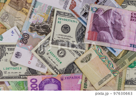 Multicurrency background of US dollars, Russian rubles, Belarusian rubles, Egyptian pounds and Ukrainian hryvnias Multicurrency background of US dollars, Russian rubles, Belarusian rubles, Egyptian pounds and Ukrainian hryvnias 97630663