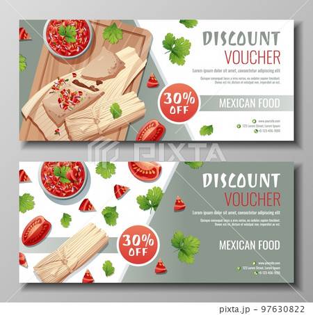 Discount voucher, mexican food template design. Coupon set with tamales and salsa sauce. Banner, poster, flyer, advertising for a restaurant 97630822