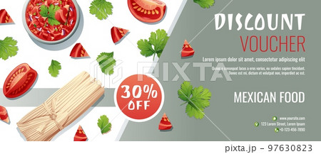 Discount voucher, mexican food template design. Coupon with tamales and salsa sauce. Banner, poster, flyer, advertising for a restaurant 97630823