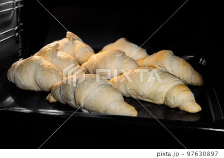 Eight homemade croissants baking and rising in electric oven Eight homemade croissants baking and rising in electric oven 97630897