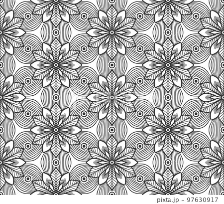 Retro abstract flower seamless pattern. Wrapping paper flat botanical design. Textile herbal ornament. Monochrome ornate background. Lace elegant fabric decor. Vintage geometric foliage backdrop 97630917