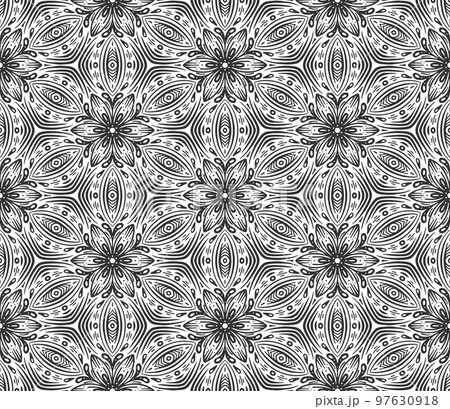 Abstract flower seamless pattern. Floral geometric hexagonal ornament. Black and white limitless background. Endless stylish graphic modern repeat pattern. Fashion monochrome lattice mosaic 97630918