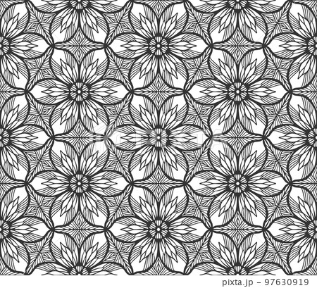Seamless monochrome foliage pattern. Vintage black flower fabric background. Decorative flat geometric retro design. Regular floral elegant petals backdrop. Botanical stylish wrapping paper ornament 97630919