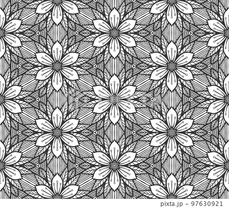 Repeat flower seamless pattern. Black and white limitless background. Abstract floral geometric hexagonal ornament. Endless stylish graphic modern repeat pattern. Fashion monochrome retro decor Repeat flower seamless pattern. Black and white limitless background. Abstract floral geometric hexagonal ornament. Endless stylish graphic modern repeat pattern. Fashion monochrome retro decor 97630921