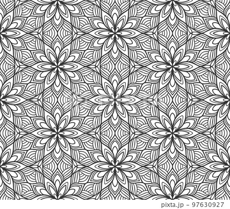 Retro abstract flower seamless pattern. Wrapping paper flat botanical design. Textile herbal ornament. Monochrome ornate background. Lace elegant fabric decor. Vintage geometric foliage backdrop 97630927
