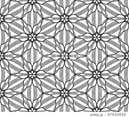 Lace flower bud seamless pattern. Floral line art repeat tile. Endless flat retro fabric background. Decorative plant summer textile print design. Ornate geometric ornament. Fashion botanical carpet 97630930