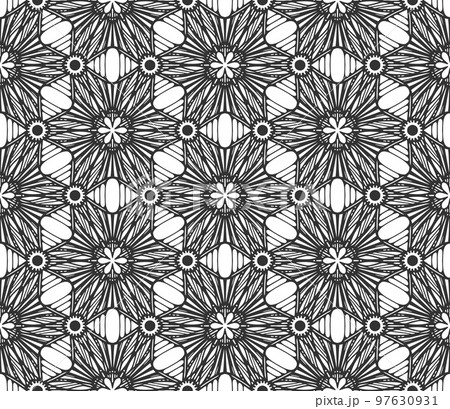 Abstract black geometric floral seamless pattern. Trendy ornate shape fabric print texture. Fashion retro style flower carpet ornament tile vintage decorative hexagonal monochrome wallpaper background 97630931