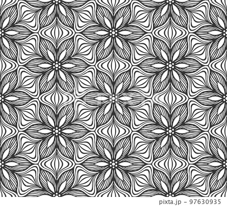 Floral seamless pattern. Repeat hand drawn abstract flower buds. Botanical black lace background. Flat fashion summer garden textile texture. Retro spring elegant monochrome geometric wallpaper 97630935