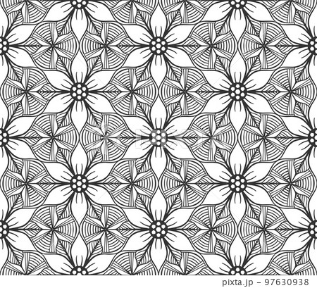 Retro abstract flower seamless pattern. Wrapping paper flat botanical design. Textile herbal ornament. Monochrome ornate background. Lace elegant fabric decor. Vintage geometric foliage backdrop 97630938