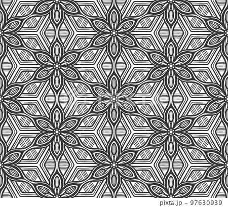 Retro abstract flower seamless pattern. Wrapping paper flat botanical design. Textile herbal ornament. Monochrome ornate background. Lace elegant fabric decor. Vintage geometric foliage backdrop Retro abstract flower seamless pattern. Wrapping paper flat botanical design. Textile herbal ornament. Monochrome ornate background. Lace elegant fabric decor. Vintage geometric foliage backdrop 97630939