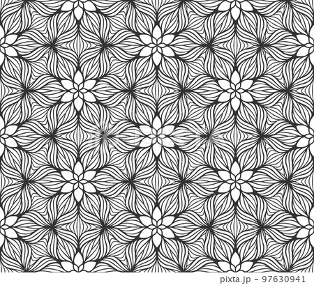 Lace flower bud seamless pattern. Floral line art repeat tile. Endless flat retro fabric background. Decorative plant summer textile print design. Ornate geometric ornament. Fashion botanical carpet 97630941