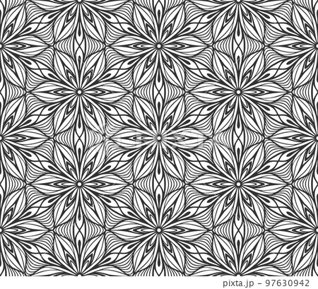 Repeat flower seamless pattern. Black and white limitless background. Abstract floral geometric hexagonal ornament. Endless stylish graphic modern repeat pattern. Fashion monochrome retro decor 97630942
