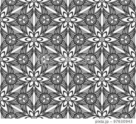Retro abstract flower seamless pattern. Wrapping paper flat botanical design. Textile herbal ornament. Monochrome ornate background. Lace elegant fabric decor. Vintage geometric foliage backdrop 97630943