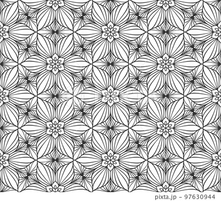Abstract flower seamless pattern. Floral geometric hexagonal ornament. Black and white limitless background. Endless stylish graphic modern repeat pattern. Fashion monochrome lattice mosaic 97630944