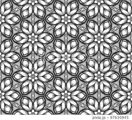 Flower lace seamless pattern. Modern floral hand drawn abstract botanical ornament. Retro black fashion backdrop. Flat decorative plant textile texture. Endless vintage monochrome geometric wallpaper 97630945