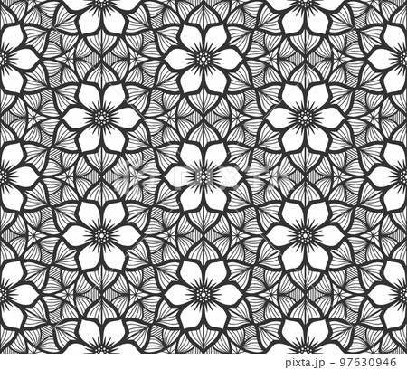 Seamless monochrome foliage pattern. Vintage black flower fabric background. Decorative flat geometric retro design. Regular floral elegant petals backdrop. Botanical stylish wrapping paper ornament Seamless monochrome foliage pattern. Vintage black flower fabric background. Decorative flat geometric retro design. Regular floral elegant petals backdrop. Botanical stylish wrapping paper ornament 97630946