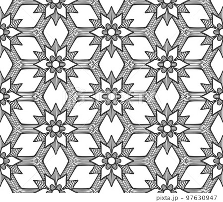 Retro abstract flower seamless pattern. Wrapping paper flat botanical design. Textile herbal ornament. Monochrome ornate background. Lace elegant fabric decor. Vintage geometric foliage backdrop Retro abstract flower seamless pattern. Wrapping paper flat botanical design. Textile herbal ornament. Monochrome ornate background. Lace elegant fabric decor. Vintage geometric foliage backdrop 97630947