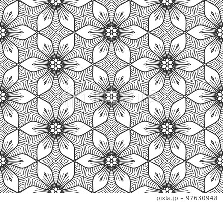 Flower seamless pattern. Endless hand drawn abstract floral carpet. Retro black lace fabric backdrop. Modern flat fashion spring plant textile texture. Vintage elegant wallpaper packaging paper print 97630948