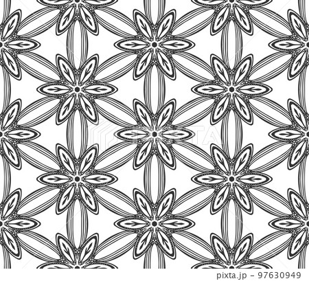 Abstract flower seamless pattern. Floral geometric hexagonal ornament. Black and white limitless background. Endless stylish graphic modern repeat pattern. Fashion monochrome lattice mosaic Abstract flower seamless pattern. Floral geometric hexagonal ornament. Black and white limitless background. Endless stylish graphic modern repeat pattern. Fashion monochrome lattice mosaic 97630949