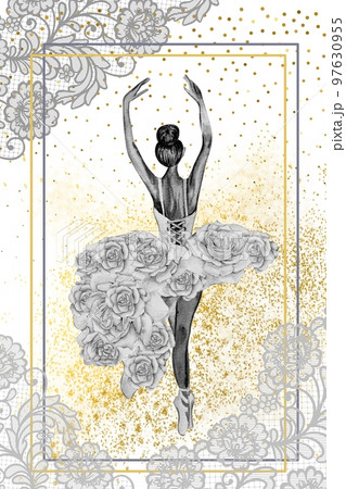 Hand drawn watercolor card template dancing ballerina with flower and lace. Pink pretty ballerina. Watercolor hand drawn illustration. Pictures for poster, invitation, postcard, background and posters Hand drawn watercolor card template dancing ballerina with flower and lace. Pink pretty ballerina. Watercolor hand drawn illustration. Pictures for poster, invitation, postcard, background and posters 97630955