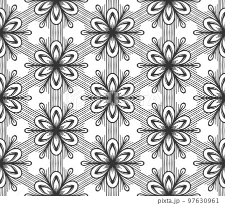 Retro abstract flower seamless pattern. Wrapping paper flat botanical design. Textile herbal ornament. Monochrome ornate background. Lace elegant fabric decor. Vintage geometric foliage backdrop 97630961