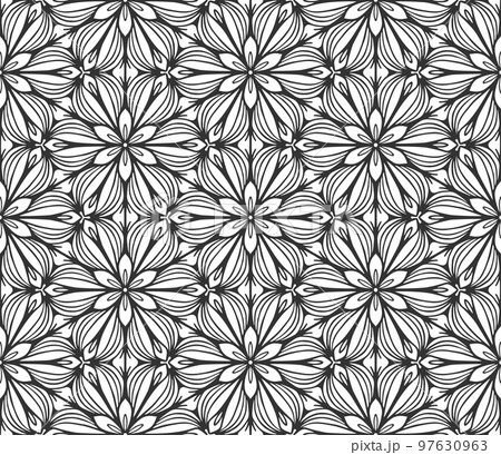 Abstract black geometric floral seamless pattern. Trendy ornate shape fabric print texture. Fashion retro style flower carpet ornament tile vintage decorative hexagonal monochrome wallpaper background Abstract black geometric floral seamless pattern. Trendy ornate shape fabric print texture. Fashion retro style flower carpet ornament tile vintage decorative hexagonal monochrome wallpaper background 97630963