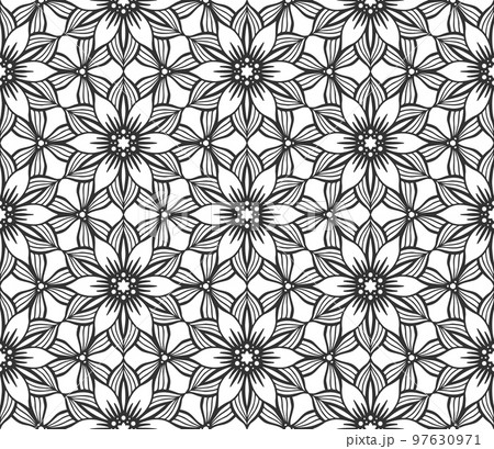 Retro abstract flower seamless pattern. Wrapping paper flat botanical design. Textile herbal ornament. Monochrome ornate background. Lace elegant fabric decor. Vintage geometric foliage backdrop Retro abstract flower seamless pattern. Wrapping paper flat botanical design. Textile herbal ornament. Monochrome ornate background. Lace elegant fabric decor. Vintage geometric foliage backdrop 97630971