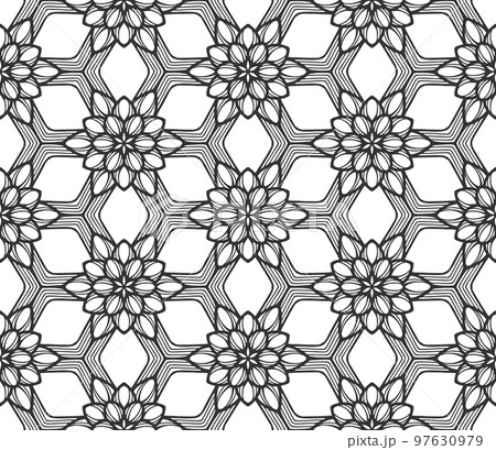 Lace flower bud seamless pattern. Floral line art repeat tile. Endless flat retro fabric background. Decorative plant summer textile print design. Ornate geometric ornament. Fashion botanical carpet 97630979