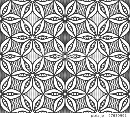 Repeat flower seamless pattern. Black and white limitless background. Abstract floral geometric hexagonal ornament. Endless stylish graphic modern repeat pattern. Fashion monochrome retro decor Repeat flower seamless pattern. Black and white limitless background. Abstract floral geometric hexagonal ornament. Endless stylish graphic modern repeat pattern. Fashion monochrome retro decor 97630991