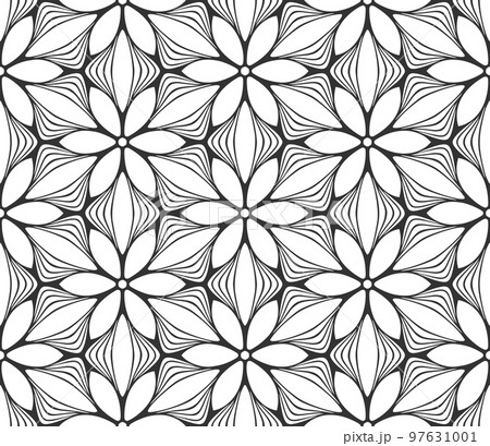 Abstract flower seamless pattern. Floral geometric hexagonal ornament. Black and white limitless background. Endless stylish graphic modern repeat pattern. Fashion monochrome lattice mosaic 97631001