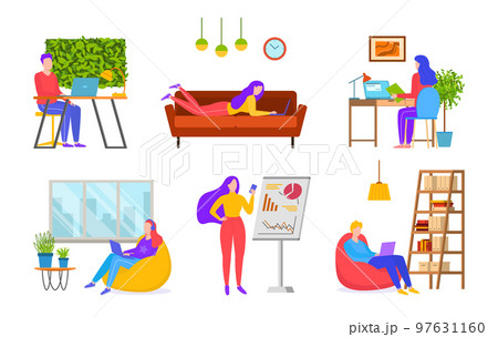Work in office set, isolated on white vector illustration. Man woman people character use computer at home, job workplace with laptop. 97631160
