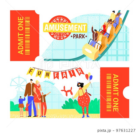 Amusement park ticket design, vector illustration. Circus entertainment background, carnival tent at fun invitation banner. 97631227