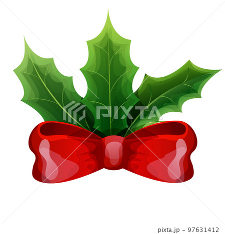 Christmas holly leaves with red bow, winter decoration in cartoon style isolated on white background. Christmas holly leaves with red bow, winter decoration in cartoon style isolated on white background. 97631412