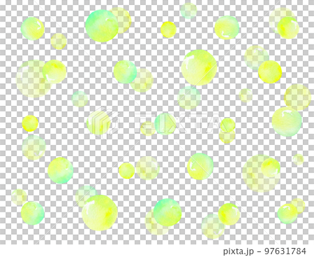 水彩で描いた黄色い丸のシームレスパターンイラスト。さわやかでかわいらしい雰囲気の背景イラスト。 97631784