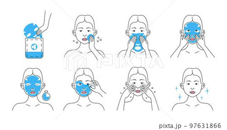 Facial mask sheet applying icon vector. Face skincare, treatment, spa procedure relaxation. Girl shows how to cleaning, whiting face and use cosmetic mask. Facial mask sheet applying icon vector. Face skincare, treatment, spa procedure relaxation. Girl shows how to cleaning, whiting face and use cosmetic mask. 97631866