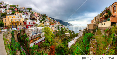 Touristic Town, Positano, on Rocky Cliffs by the Sea. Amalfi Coast, Italy. 97631958