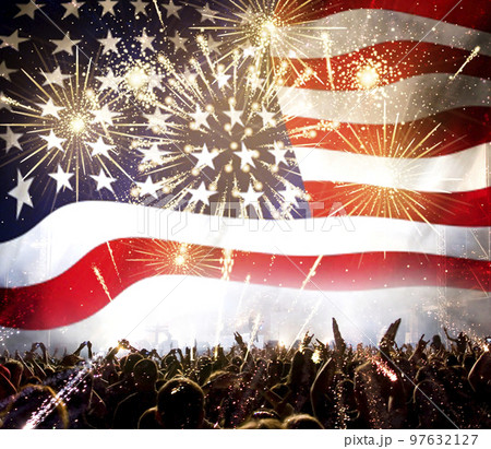 usa flag crowd and fireworks celebration usa flag crowd and fireworks celebration 97632127