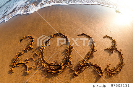 2023 written in sand New Year on the beach 2023 written in sand New Year on the beach 97632151
