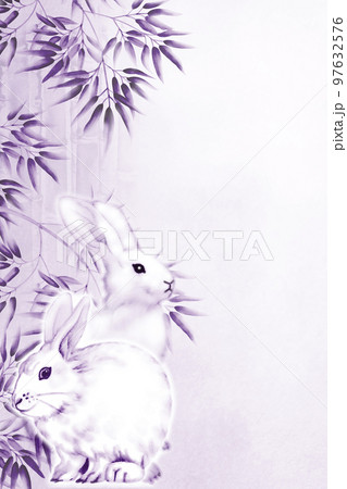 白兎と竹林の水墨画風イラスト 年賀状ハガキサイズ 渋い紫色 縦 他色/高解像度画像有 97632576