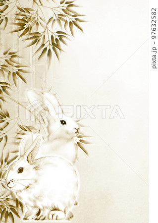白兎と竹林の水墨画風イラスト 年賀状ハガキサイズ 渋い黄土色 縦 他色/高解像度画像有 97632582