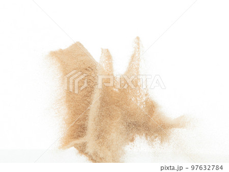 Small Fine size Sand flying explosion, Golden grain wave explode. Abstract cloud fly. Yellow colored sand splash throwing in Air. White background Isolated high speed shutter, throwing freeze stop Small Fine size Sand flying explosion, Golden grain wave explode. Abstract cloud fly. Yellow colored sand splash throwing in Air. White background Isolated high speed shutter, throwing freeze stop 97632784