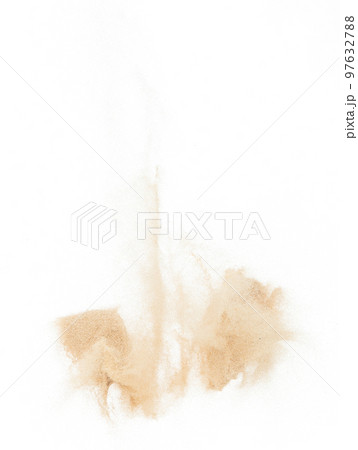 Small Fine size Sand flying explosion, Golden grain wave explode. Abstract cloud fly. Yellow colored sand splash throwing in Air. White background Isolated high speed shutter, throwing freeze stop 97632788