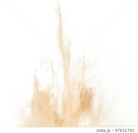 Small Fine size Sand flying explosion, Golden grain wave explode. Abstract cloud fly. Yellow colored sand splash throwing in Air. White background Isolated high speed shutter, throwing freeze stop 97632791