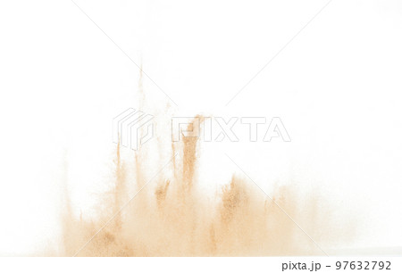 Small Fine size Sand flying explosion, Golden grain wave explode. Abstract cloud fly. Yellow colored sand splash throwing in Air. White background Isolated high speed shutter, throwing freeze stop Small Fine size Sand flying explosion, Golden grain wave explode. Abstract cloud fly. Yellow colored sand splash throwing in Air. White background Isolated high speed shutter, throwing freeze stop 97632792