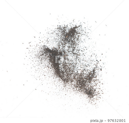 Black dried leave Tea explode. Small Fine size tea leaf flying explosion, Abstract cloud fly. Brown colored Teas splash throwing in Air. White background Isolated high speed shutter, throwing freeze Black dried leave Tea explode. Small Fine size tea leaf flying explosion, Abstract cloud fly. Brown colored Teas splash throwing in Air. White background Isolated high speed shutter, throwing freeze 97632801