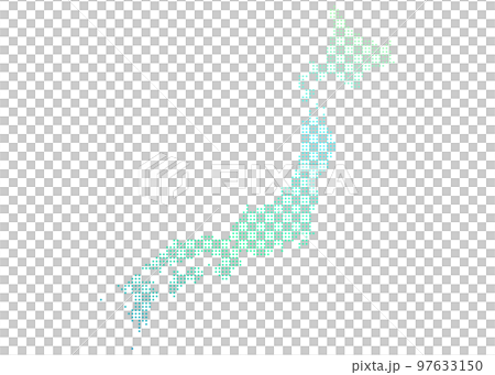 ドット柄 ふんわりかわいい エメラルドグリーンのおしゃれな日本地図のイラスト 97633150